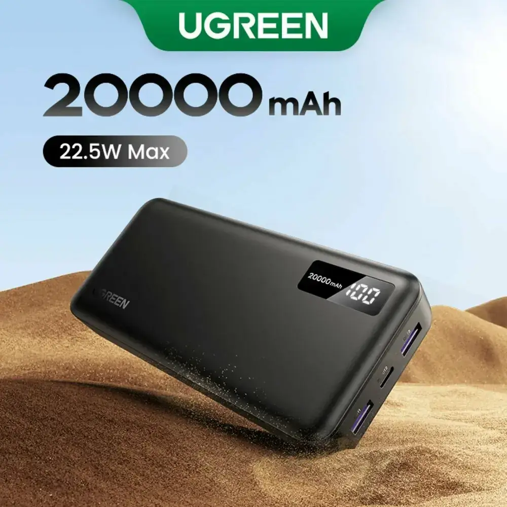 პორტატული დამტენი UGREEN PB312 (95424B), 20000mAh, Type-C, USB, Fast Charging Power Bank, Black