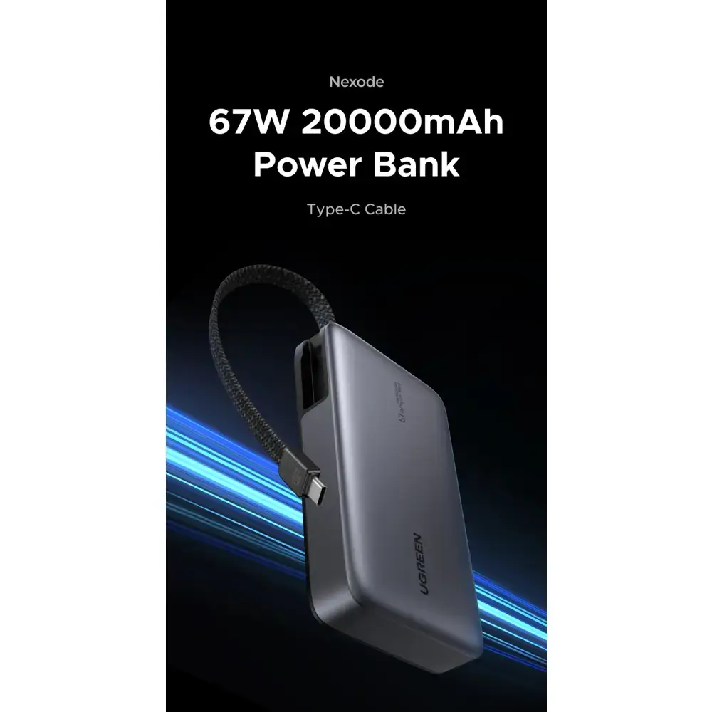 პორტატული დამტენი UGREEN PB550 (85166B) Nexode, 20000mAh, Type-C, USB, Power Bank with Built-in Cable, Grey