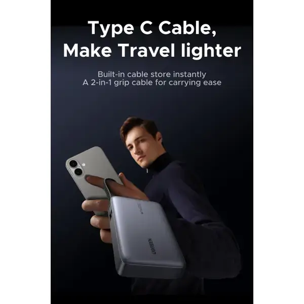 პორტატული დამტენი UGREEN PB550 (85166B) Nexode, 20000mAh, 67W, Type-C, USB, Power Bank with Built-in Cable, Grey
