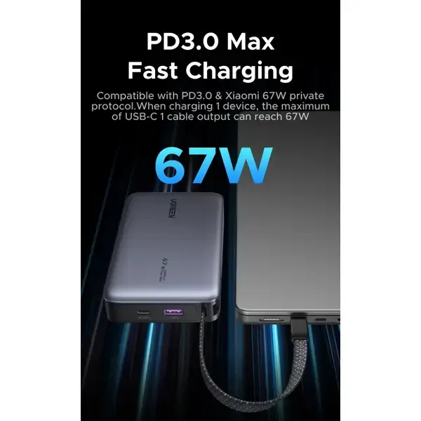 Power Bank with Built-in Cable UGREEN PB550 (85166B) Nexode, 20000mAh, Type-C, USB, Grey