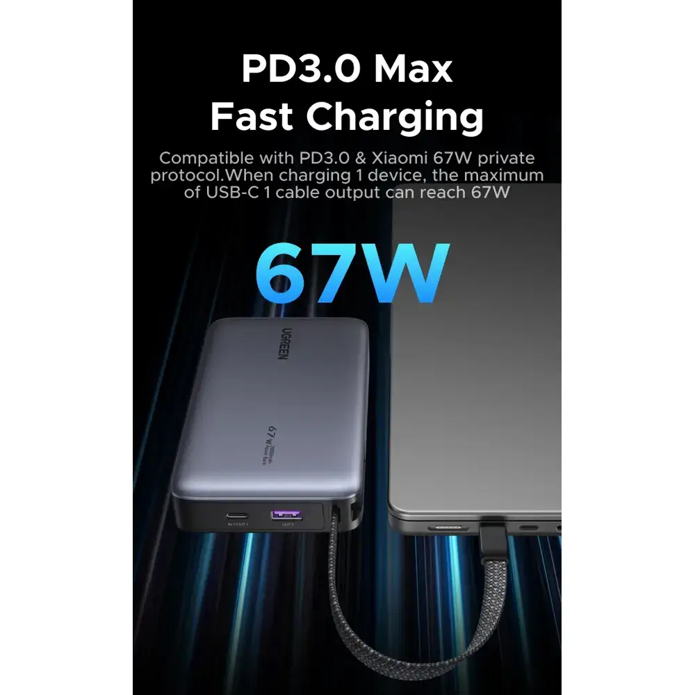 პორტატული დამტენი UGREEN PB550 (85166B) Nexode, 20000mAh, Type-C, USB, Power Bank with Built-in Cable, Grey