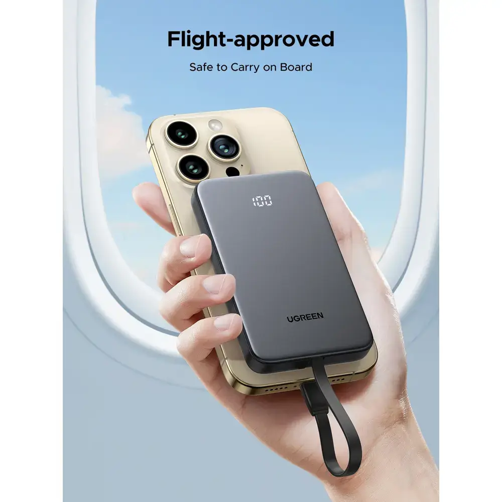 Power Bank With Built-in Cable UGREEN PB526 (75161B), 10000mAh, 20W, Type-C, USB, Black