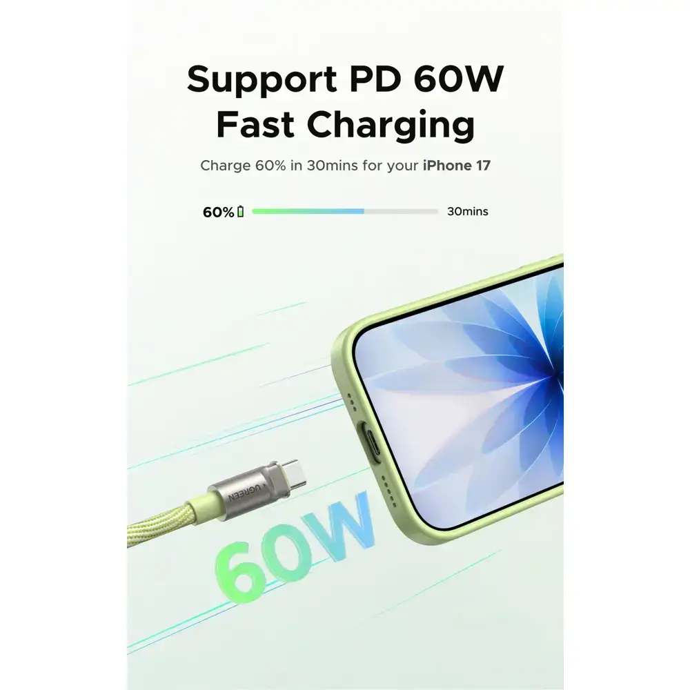 Type-C To Type-C PD Fast Charging  Lanyard Cable UGREEN L508 (35500), 60W, 1.2m, Green