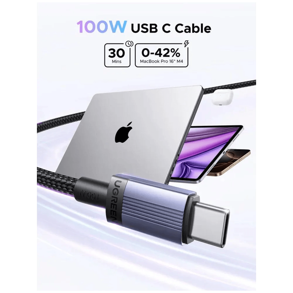 Type-C to Type-C Cable UGREEN L528 (65833), 100W, 2m, Grey/Black
