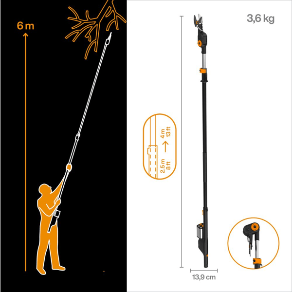 აკუმულატორული როკსაჭრელი Fiskars eTree Pruner Bypass 1082340, Telescopic Cordless Pruner, Black