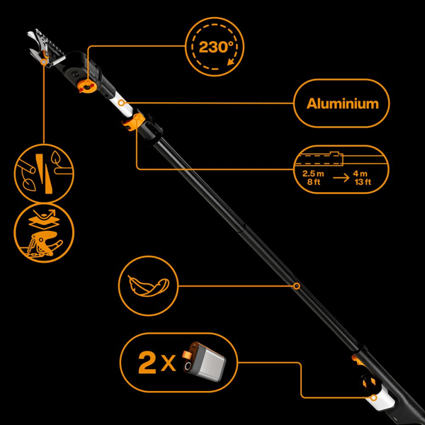 აკუმულატორული როკსაჭრელი Fiskars eTree Pruner Bypass 1082340, Telescopic Cordless Pruner, Black