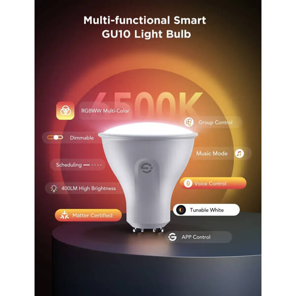 RGBWW Smart LED Bulb GU10 Govee B600D3C1 B600D, 2Pcs, WiFi, Bluetooth, White