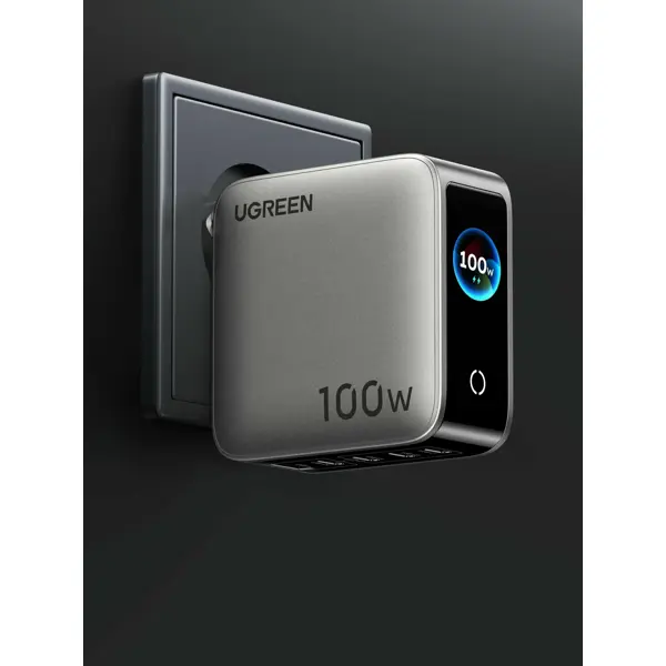 მობილურის დამტენი UGREEN X773 (65620B), 100W, USB, Type-C, GaN Fast Charger with Smart Display, Grey