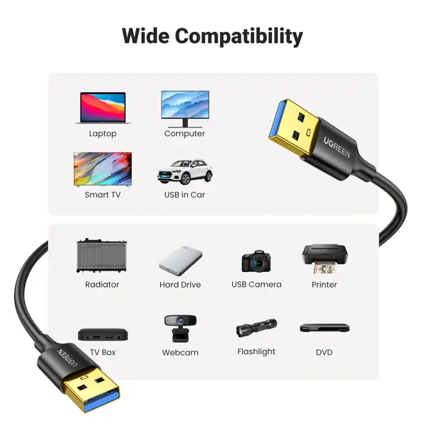 USB კაბელი UGREEN US128 (10371), USB-A 3.0 Male To Male Cable, 2m, Black
