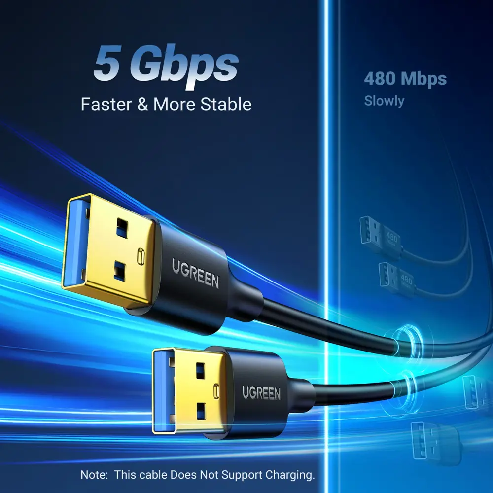 USB კაბელი UGREEN US128 (10371), USB-A 3.0 Male To Male Cable, 2m, Black