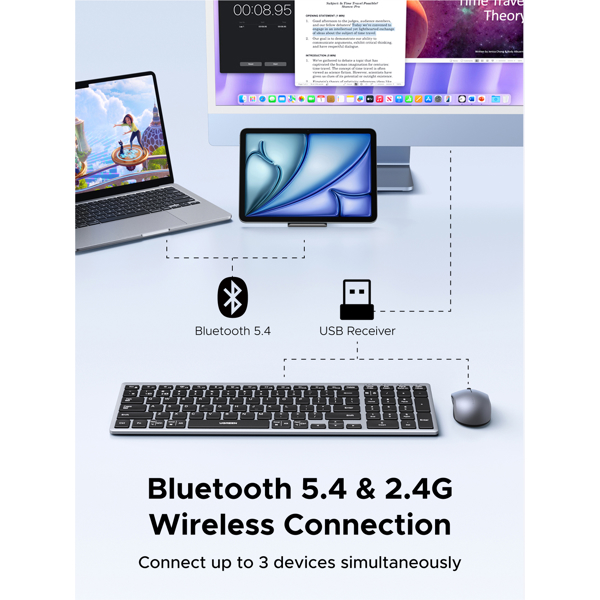 კლავიატურა+მაუსი UGREEN MK552 (85513), Wireless, USB, Bluetooth, Keyboard And Mouse, Grey