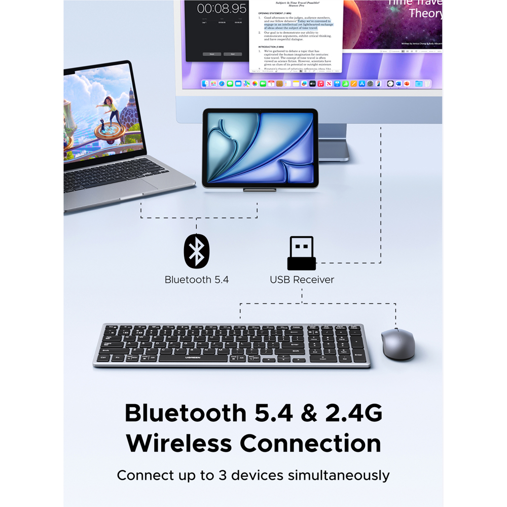 კლავიატურა+მაუსი UGREEN MK552 (85513), Wireless, USB, Bluetooth, Keyboard And Mouse, Grey