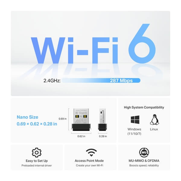 AX300 Nano WiFi 6 Wireless USB Adapter Tp-Link Archer TX1U Nano, Black