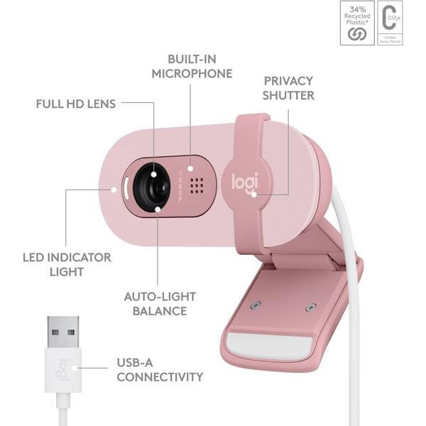 Webcam Logitech L960-001623 BRIO 100, FHD, Built-in Microphone, Rose