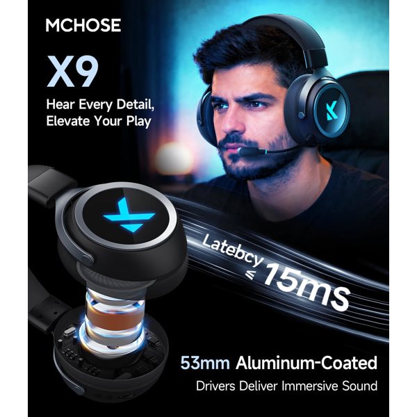 Gaming Headset Mchose MC-X9-2 X9, Wireless, Bluetooth, Type-C, USB, Black