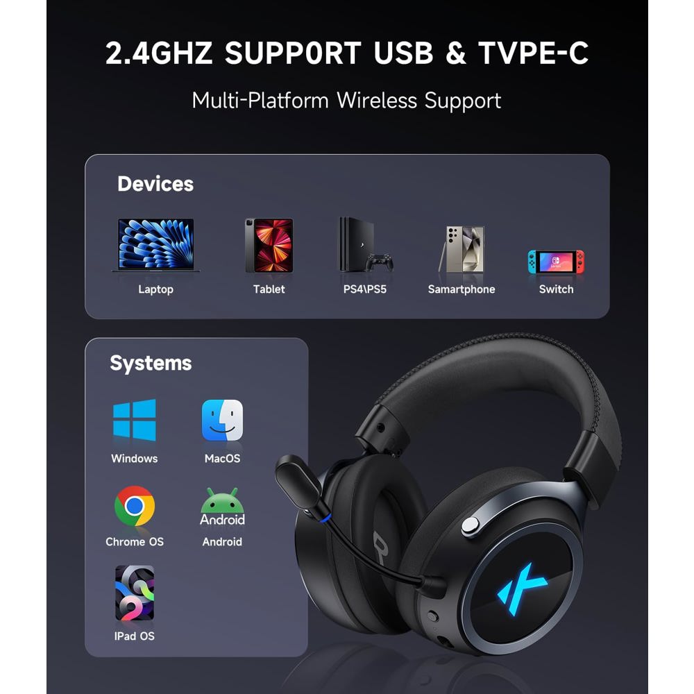 ყურსასმენი Mchose MC-X9-2 X9, Gaming Headset, Wireless, Bluetooth, Type-C, USB, Black