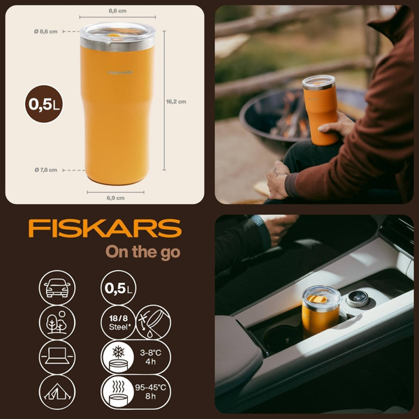 თერმოჭიქა Fiskars 17080932 on-the-go, 0.5L, Thermos Cup, Yellow