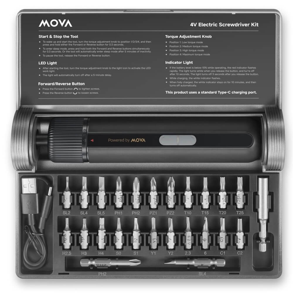 ელექტრო სახრახნისი Mova MSD008, 4V, 260Rpm, Electric Screwdriver Kit, Black