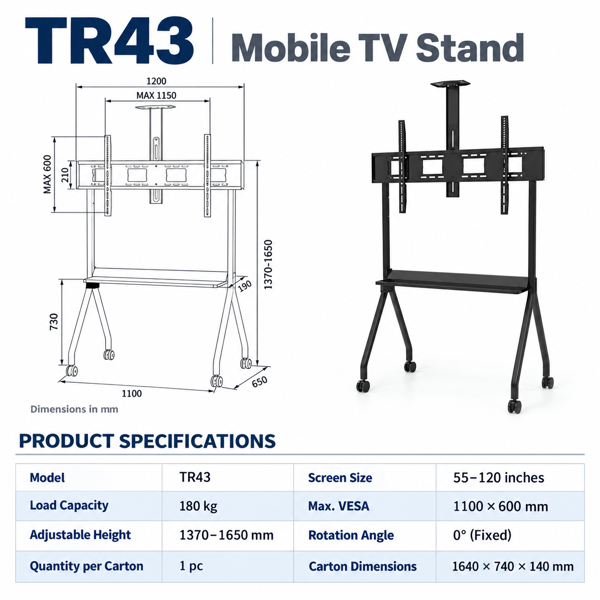 ტელევიზორის საკიდი AllScreen TR43, 55"-120", TV Mount With Roller, Black