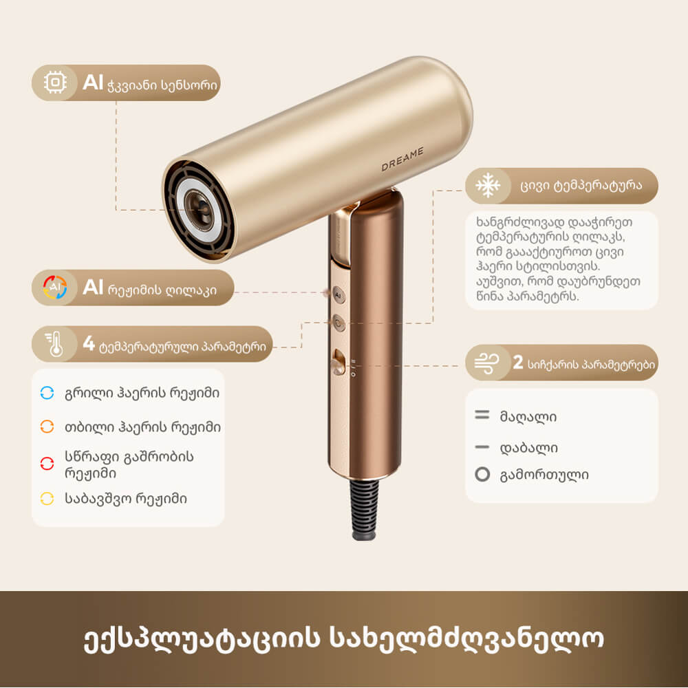 თმის საშრობი Dreame AZP20A Pocket Aura, 1400W, Hair Dryer, Coco Tea Gold