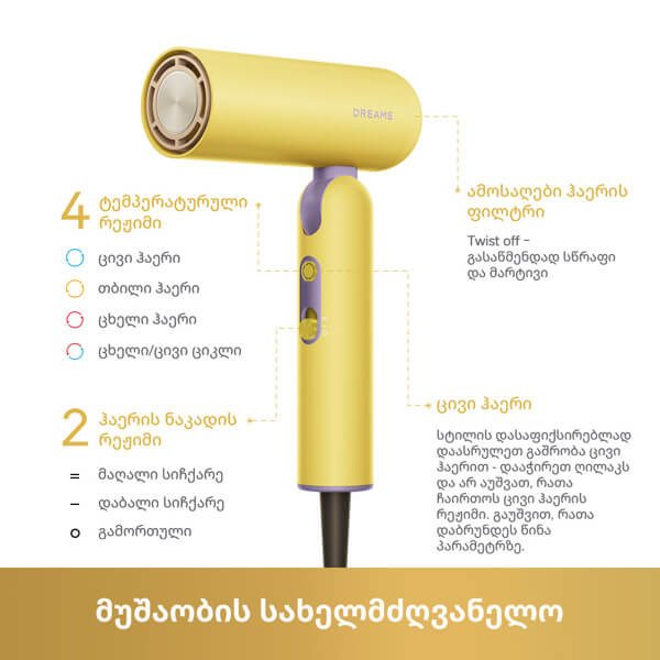 თმის საშრობი Dreame AHD51 Pocket Cake, 1300W, Hair Dryer, Yellow