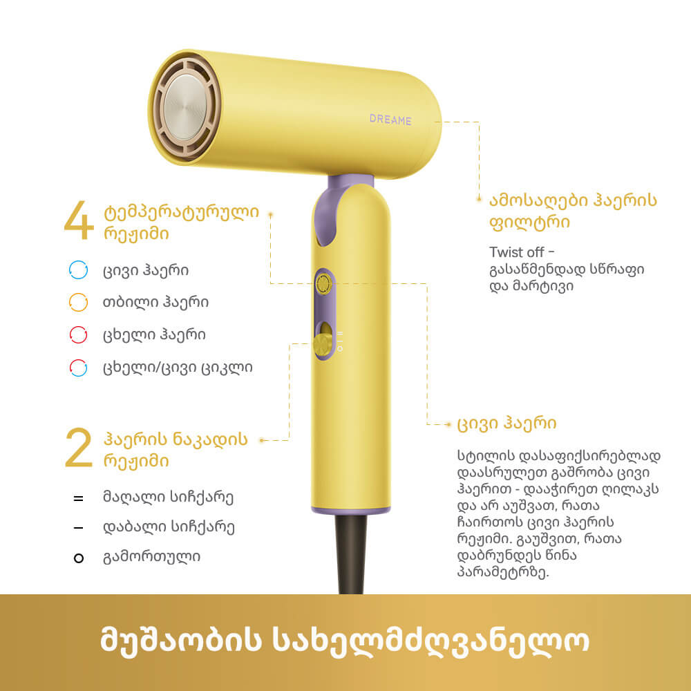 Hair Dryer Dreame AHD51 Pocket Cake, 1300W, Yellow