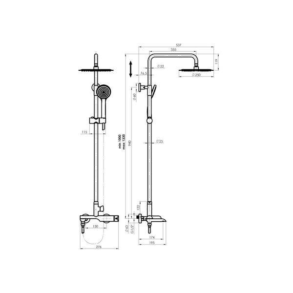 Shower system Rubineta Olo BK Ultra-10 SW DV3/4 BK 625123, Black