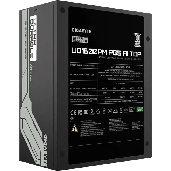 კვების ბლოკი Gigabyte GP-UD1600PM PG5, 1600W, 80 Plus Platinum, Power Supply, Black